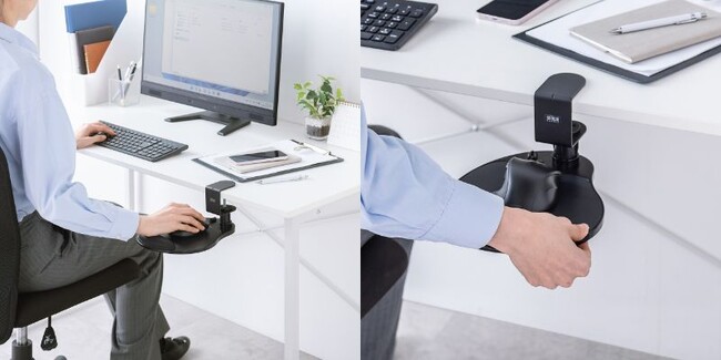 机にクランプで固定して取り付け、邪魔になりにくいマウステーブルを2月14日に発売