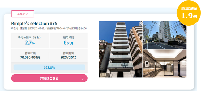 プロパティエージェントの展開する不動産クラウドファンディング「Rimple」Rimple’s Selection#75 募集総額193.8％の1.52億円の応募