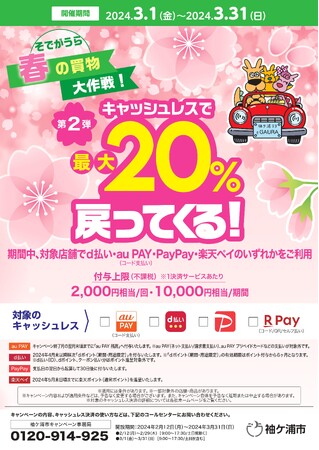 【千葉県袖ケ浦市】キャッシュレス決済で最大20％戻ってくる！「そでがうら春の買物大作戦！」を3月1日（金）から開始