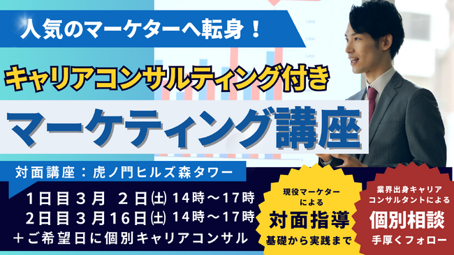 憧れのマーケターへ転職目指しませんか！日本初*「キャリアコンサルティング付きマーケティング講座」を開講。少人数の対面式で異業種からのキャリアチェンジも手厚くサポート！