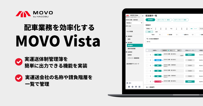 配送案件管理サービス「MOVO Vista」、実運送体制管理簿を簡単に出力できる機能を実装