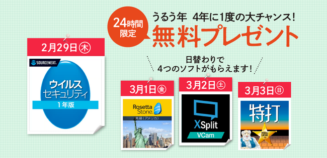 「ウイルスセキュリティ」や「特打」など4日間連続で無料配布 「うるう年 日替わり無料プレゼント」キャンペーン