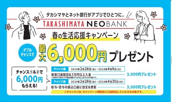 【高島屋】「高島屋ネオバンク 春の生活応援キャンペーン ダブルチャンスで最大6,000円プレゼント」実施のお知らせ