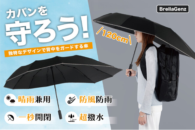 【日本初上陸】【雨の多い季節も安心】超コンパクトなのに背中をすっぽりガード！16m/sの暴風雨に耐える12本骨の強力防風折りたたみ傘「BrellaGenz」をクラウドファンディング開始