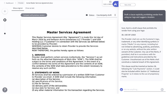 生成AIを活用し、英文契約書の要約や条文作成ができる「LegalOn Assistant」を米国子会社が提供開始