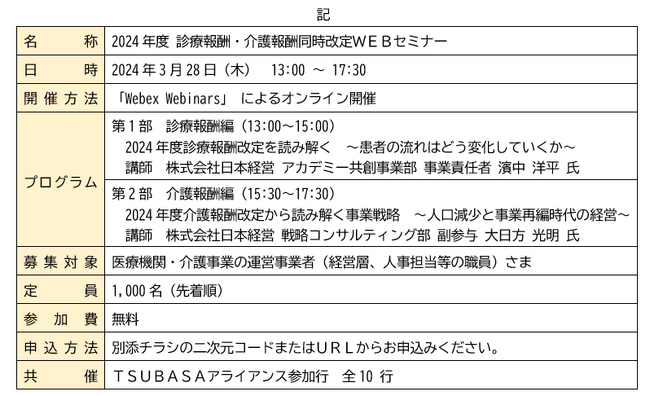 ＴＳＵＢＡＳＡアライアンス参加行との「診療報酬・介護報酬同時改定ＷＥＢセミナー」の共催について