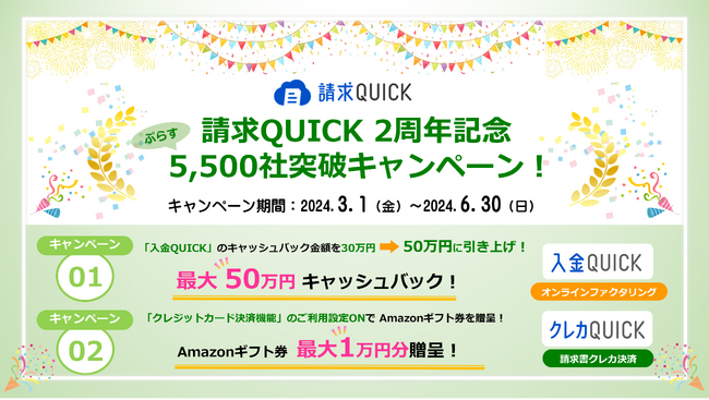 「請求QUICK」2周年を記念して、オンラインファクタリング「入金QUICK」のご利用で最大50万円キャッシュバックキャンペーンを開催！
