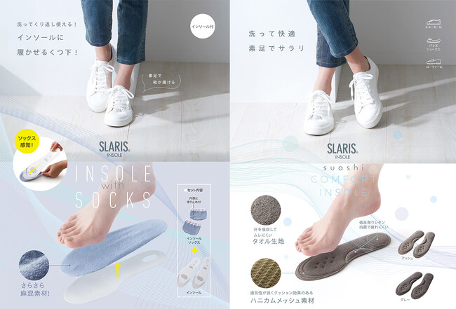 大人気SLARISシリーズからソックスいらずの新感覚インソール2アイテムを3月1日より発売