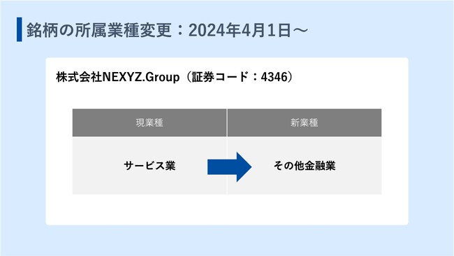 当社株式の業種変更について　4月1日より「その他金融業」銘柄に所属