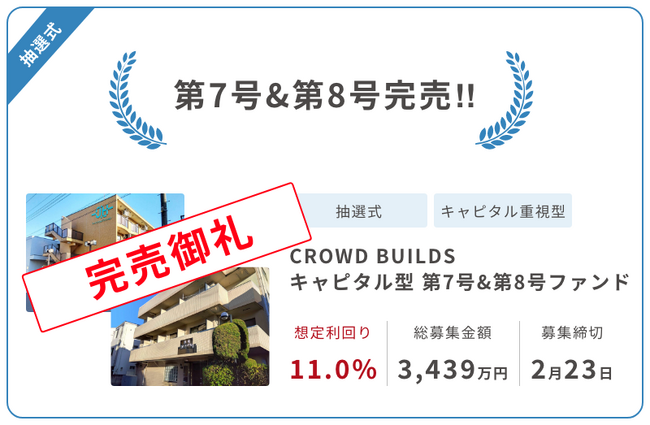「CROWD BUILDS」キャピタル型第7号&第8号ファンドが満額調達完了！