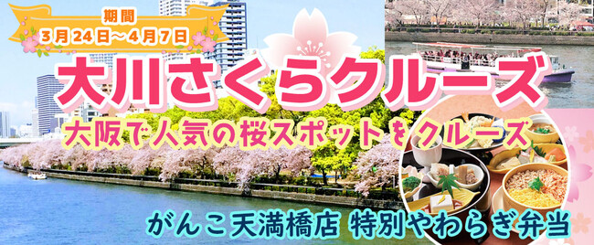 ３月２４日～４月７日限定！お一人様￥3,980-　春季限定水都大阪の定番お花見クルーズ　大川さくらクルーズ ＋がんこ天満橋店 特別やわらぎ弁当