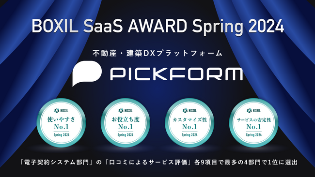 不動産・建築DXプラットフォーム「PICKFORM」、「BOXIL SaaS AWARD 2024」の「口コミによるサービス評価」最多4部門で１位に選出