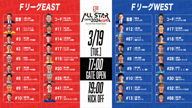 出場選手・監督・コーチが決定！【Ｆリーグオールスターゲーム2024 TOKYO ～Fun For Fan Futsal Festa～】