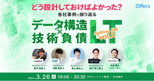 3/26（火）19:00～「[第2弾]どう設計しておけばよかった？各社事例で振り返る データ構造x技術負債LT」を開催