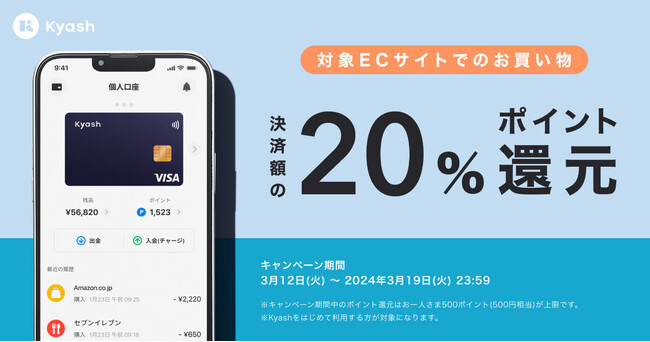 ＜Kyashはじめて利用の方限定＞対象サイトでのお買い物で決済額の20％ポイント還元キャンペーン開催中！