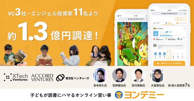 読書教育のオンライン習い事「ヨンデミー」、VC3社・エンジェル投資家11名より約1.3億円の資金調達を実施。