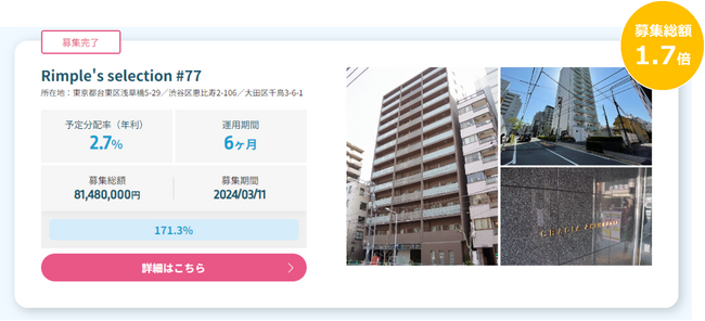 プロパティエージェントの展開する不動産クラウドファンディング　Rimple’s Selection#77 募集総額171.3％の1.39億円の応募