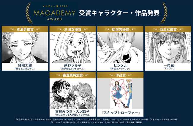“マンガのキャラクター”を讃える「マガデミー賞2023」、主演男優賞に『薫る花は凛と咲く』紬 凛太郎さん、主演女優賞に『海が走るエンドロール』茅野 うみ子さんなど、全6名と1作品の受賞を発表！