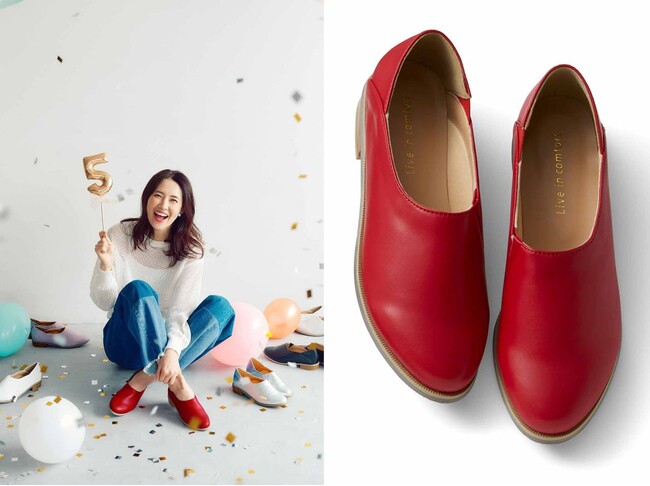 誕生から5周年、モデル“はまじ”こと浜島直子さんコラボの「やわらかフラットシューティ」に春の新色〈レッド〉と〈アイスグレー〉の2色がフェリシモ「Live in comfort」から新登場