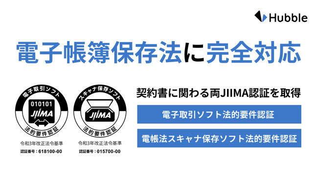 Hubble、JIIMA認証「電子取引ソフト法的要件認証」を取得　～「電帳法スキャナ保存ソフト法的要件認証」に加え、契約書原本保存に関わる電帳法要件に完全対応