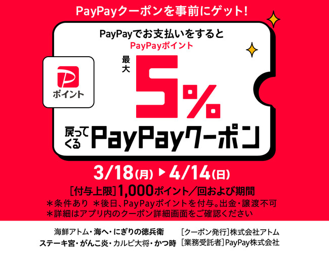 春休み、春のお祝いはアトムのお店へ！アトムの7ブランド、ステーキ宮・カルビ大将・味のがんこ炎・かつ時・にぎりの徳兵衛・海鮮アトム・海へでPayPayでお支払いをすると最大５％戻ってくる!!