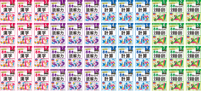 ＜1か月で1冊＞を目標に。レベルに合わせて進級式で取り組める！小学生が身につけたい「漢字」「読解力」「計算」「文章題・図形」の問題を解く力を磨く『小学 基本トレーニング』が新登場。