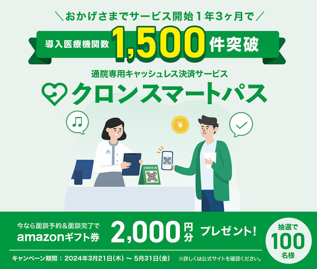 通院専用キャッシュレス決済サービス「クロンスマートパス」導入医療機関数が1,500件を突破