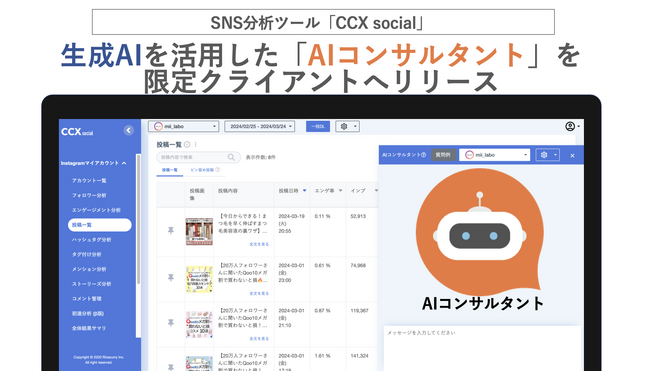 SNS分析ツール「CCX social」新機能として生成AIによるInstagram運用提案サービス「AIコンサルタント」を提供開始