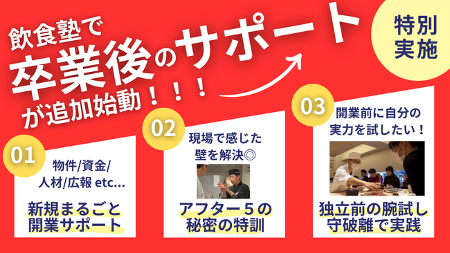 【飲食塾】卒業後の特別プログラム始動！費用面だけじゃない！秘密の特訓や独立前の腕試しなど、新規開業を徹底サポート