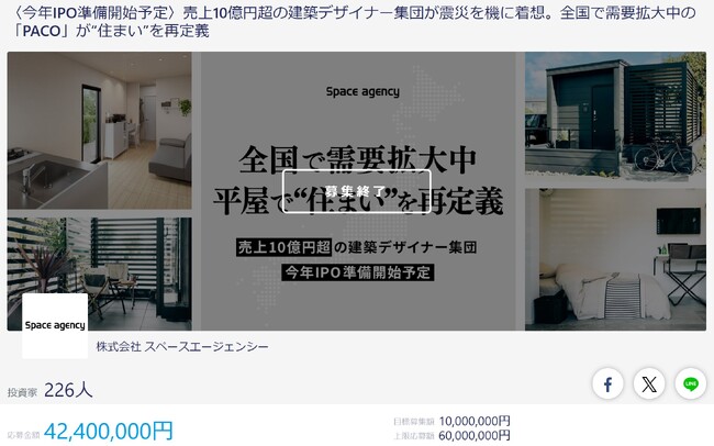 (株)スペースエージェンシー「小さな家 PACO」、株式投資型クラウドファンディング募集期間終了のお知らせ