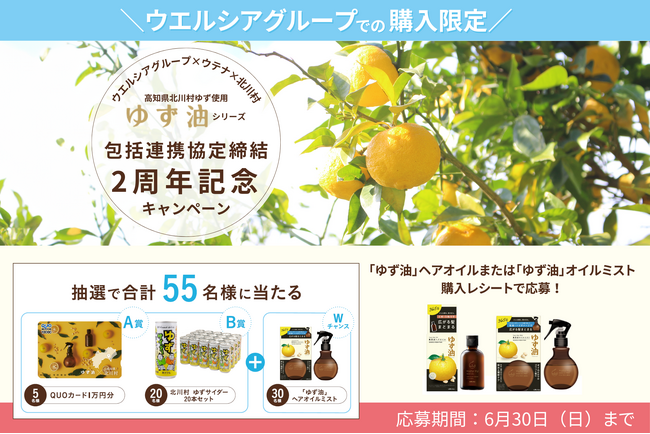 「ゆずギフト」が当たる！　ウエルシアグループ×ウテナ×高知県北川村　包括連携協定締結2周年記念キャンペーン