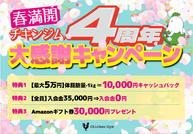 パーソナルジム「チキンジム」は、この春4周年を迎え、感謝の気持ちを込めた 特典が満載な記念キャンペーンを実施いたします。