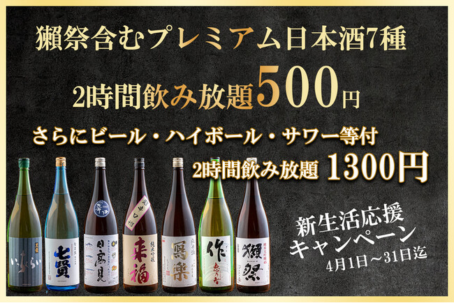 【獺祭含む7種のプレミアム日本酒飲み放題500円！さらにビール・ハイボール・サワー付は飲み放題1300円】となる