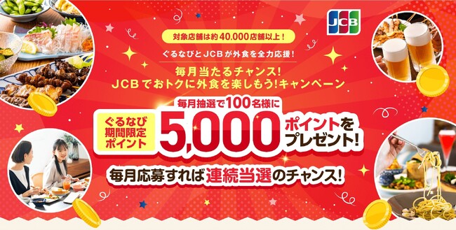 JCB×ぐるなび　飲食店向け集客応援施策「毎月当たるチャンス！JCBでおトクに外食を楽しもう！キャンペーン」を開始