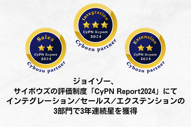 ジョイゾー、サイボウズのパートナー評価制度「CyPN Report 2024」にて、インテグレーション/セールス/エクステンションの3部門で3年連続 星を獲得。インテグレーション部門では最高評価を獲得