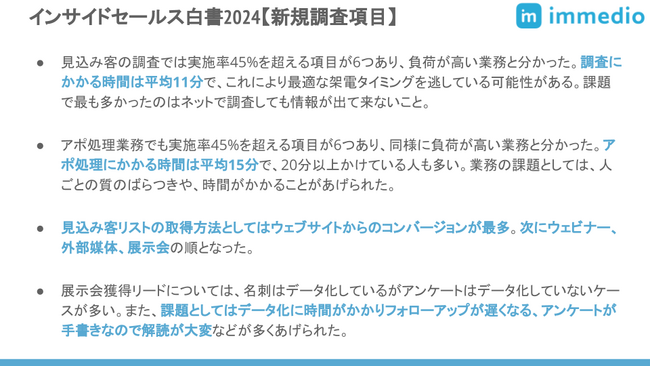 インサイドセールスの見込み客調査は1件11分、アポ処理業務は1件15分 ～リード獲得方法としてのウェブ・展示会の重要性や、展示会オペレーションの課題も明らかに～