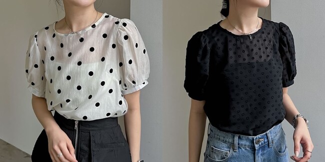 【Re:EDIT（リエディ）】2タイプのドットが選べるパフスリーブシアーブラウスが今年も登場