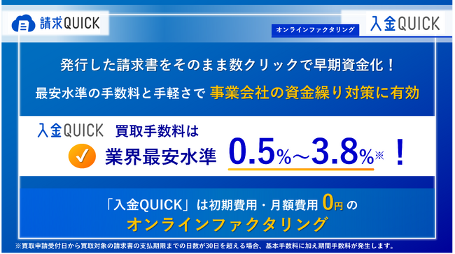 【事業会社・経営者様向け】業界最安水準の手数料0.5%～3.8%！新しいファクタリング「入金QUICK」セミナーを4月23日に開催