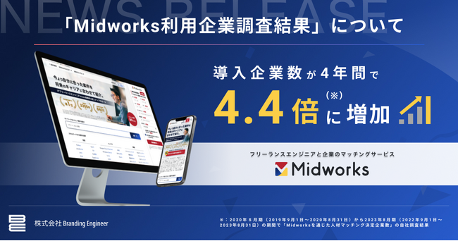フリーランスエンジニアと企業のマッチングサービス「Midworks」導入企業数が4年間で4.4倍に増加