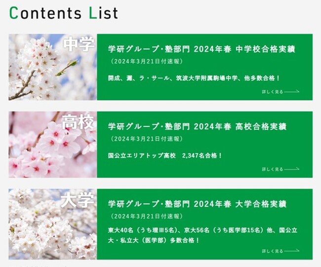 学研グループ（塾部門）2024年春・合格実績発表／速報