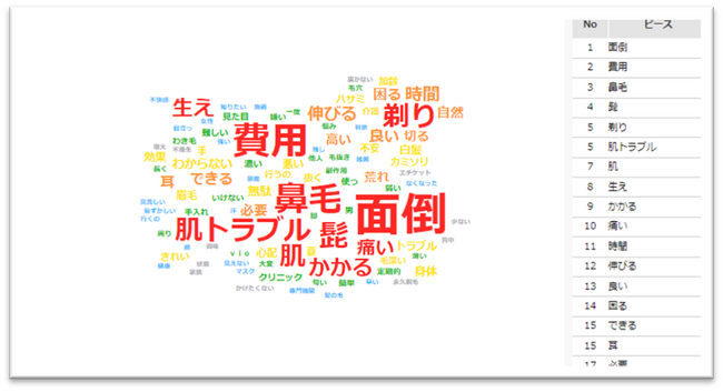 ＜テキストマイニング（TextVoice）による分析事例＞ムダ毛処理・脱毛に関する調査