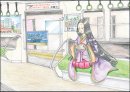 ①紫式部が石山寺駅から電車に乗る ①紫式部が石山寺駅から電車に乗る