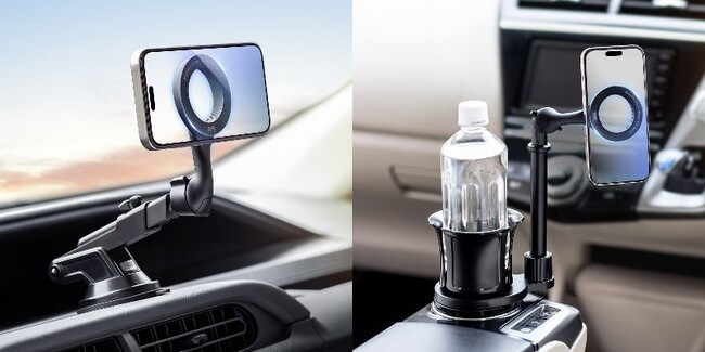 自由自在に角度調整！たった1秒でピタっと取り付けできるMagSafe式車載ホルダーで吹き出し口取り付け、吸盤取り付け、ドリンクホルダー取り付けの3種を4月16日発売