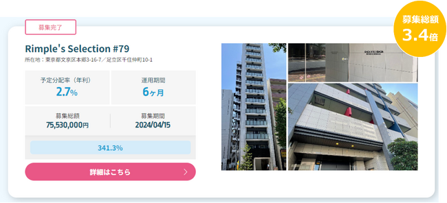 プロパティエージェントの展開する不動産クラウドファンディング　Rimple’s Selection#79 募集総額341.3％の2.57億円の応募