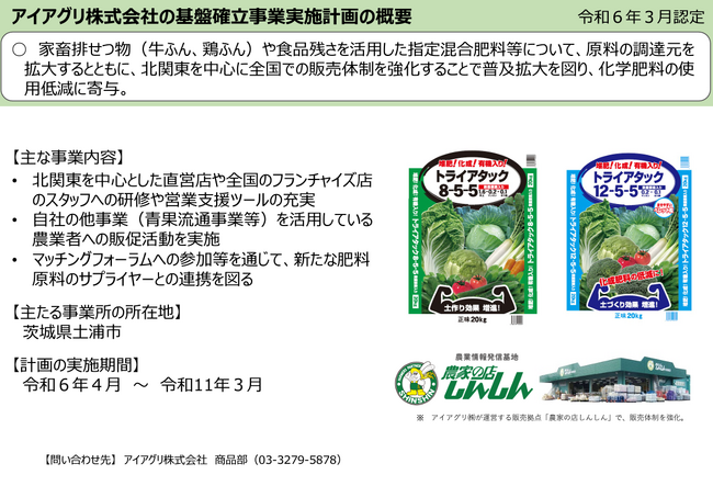 アイアグリ株式会社、みどりの食料システム法に基づく基盤確立事業実施計画の認定を取得。農業資材販売店の強みを活かし、家畜排せつ物（牛ふん、鶏ふん）や食品残さを活用した指定混合肥料等の普及拡大を図る。