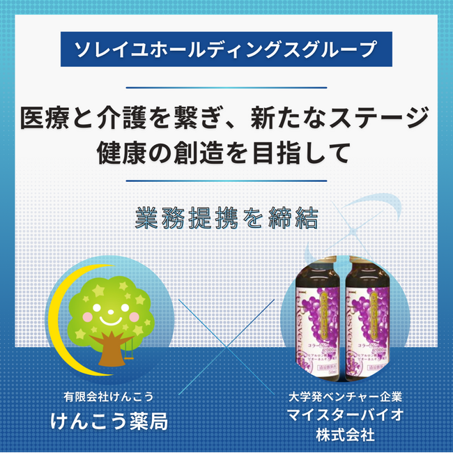 ソレイユホールディングスグループ傘下の “けんこう薬局”と 大学発ベンチャー企業“マイスターバイオ株式会社”が業務提携締結
