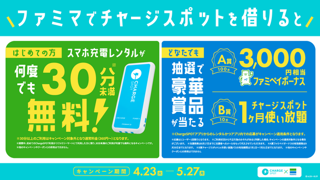 【ファミマで借りるとファミペイなどの豪華景品が当たる！】ChargeSPOT×ファミリーマートのコラボキャンペーンを4月23日(火)から実施