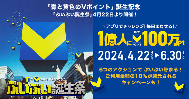 【「青と黄色のVポイント」誕生記念】合計1億人にVポイントが当たる！最大100万ポイント！「ぶいぶい誕生祭」4月22日より開催！