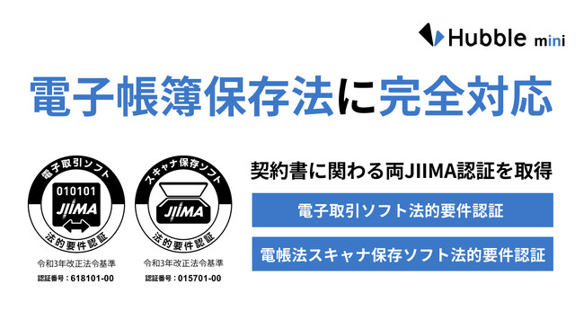 「Hubble mini」がJIIMA認証「電子取引ソフト法的要件認証」および「電帳法スキャナ保存ソフト法的要件認証」を取得し、電子帳簿保存法に完全対応