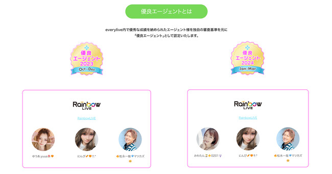 ライブ配信事務所「RainbowLIVE」がライブ配信アプリ「everylive」にて、2024年1月度～4月度も優良エージェントとして認定！